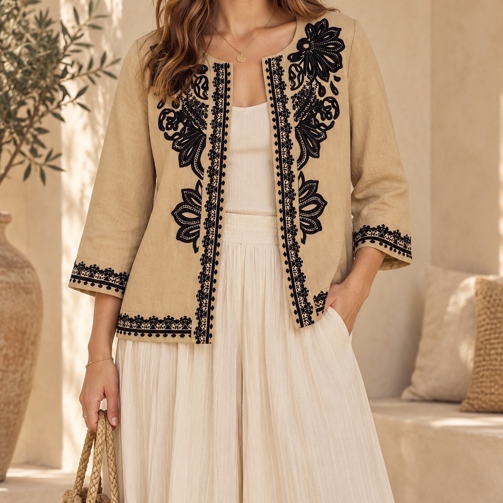 Chico's Linen Embroidered Open Front Jacket Tan Black Floral Boho Size 2 L d5